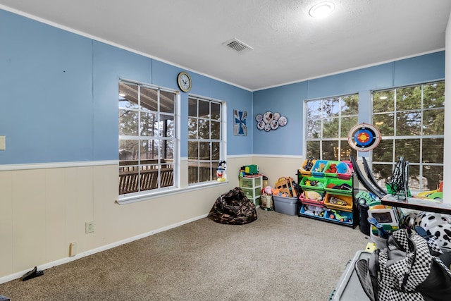 playroom with carpet and a textured ceiling