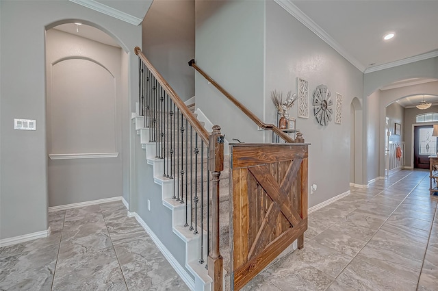 stairway with crown molding