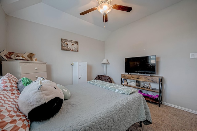 bedroom featuring carpet floors, ceiling fan, and vaulted ceiling