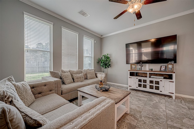 living room with crown molding, a wealth of natural light, and ceiling fan