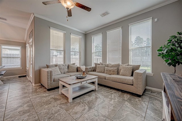 living room with crown molding and ceiling fan