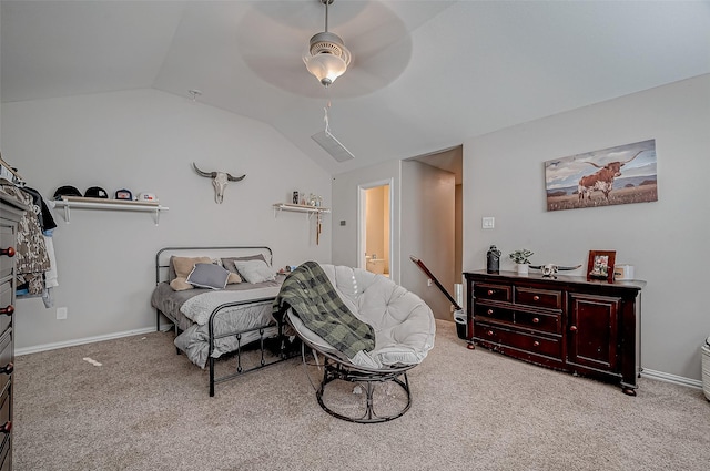 bedroom featuring ceiling fan, vaulted ceiling, and light carpet