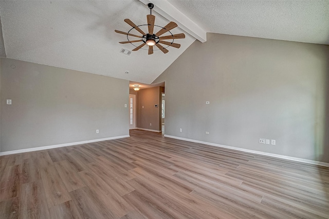 unfurnished living room featuring ceiling fan, beam ceiling, high vaulted ceiling, a textured ceiling, and light wood-type flooring