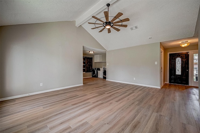 unfurnished living room with high vaulted ceiling, a textured ceiling, light wood-type flooring, beamed ceiling, and ceiling fan