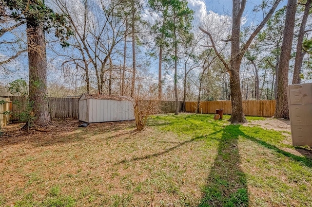 view of yard featuring a storage shed