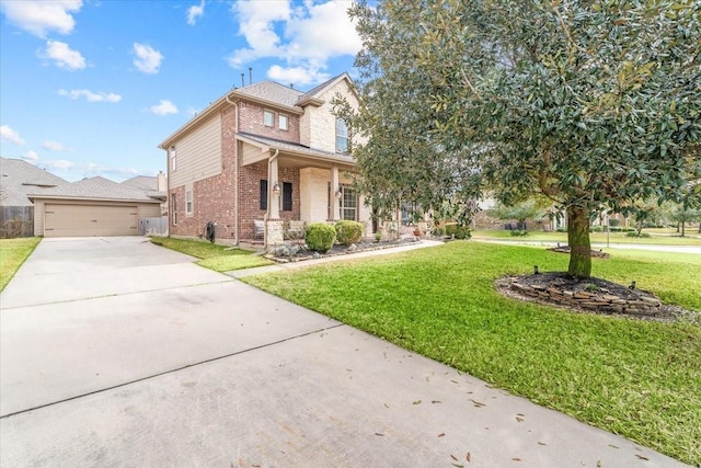 view of front facade featuring a garage, a porch, and a front yard