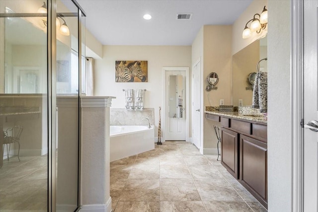 bathroom with vanity and plus walk in shower