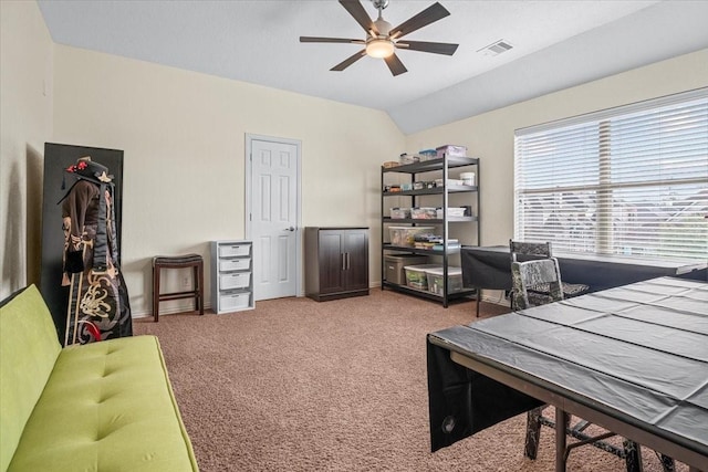 office with lofted ceiling, carpet, and ceiling fan