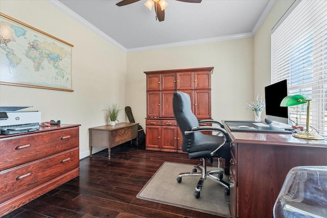 office featuring ceiling fan, ornamental molding, and dark hardwood / wood-style flooring