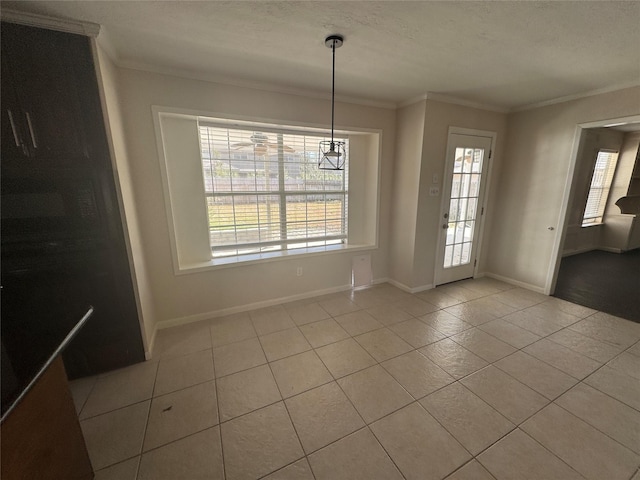 unfurnished dining area featuring ornamental molding, light tile patterned floors, and a wealth of natural light