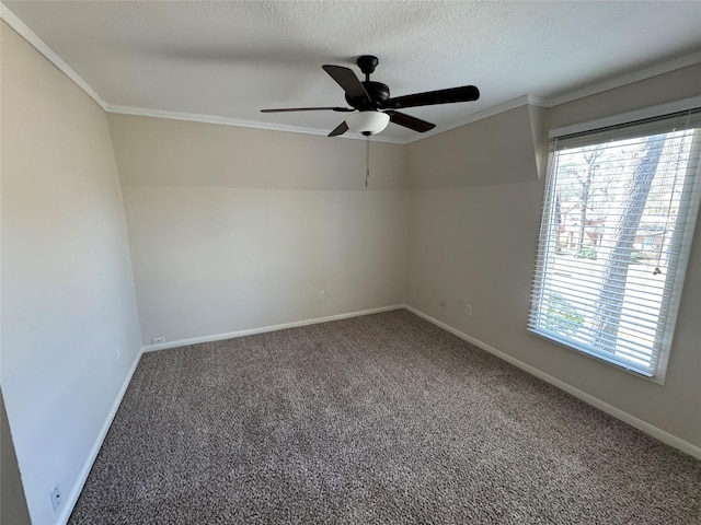 carpeted empty room featuring ceiling fan, ornamental molding, a textured ceiling, and a wealth of natural light