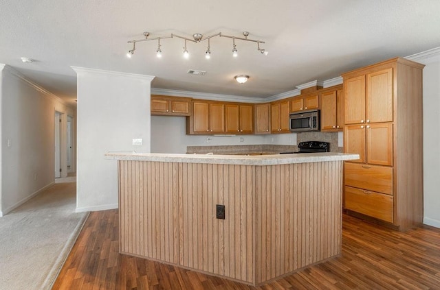 kitchen with black / electric stove, dark wood-type flooring, and a kitchen island