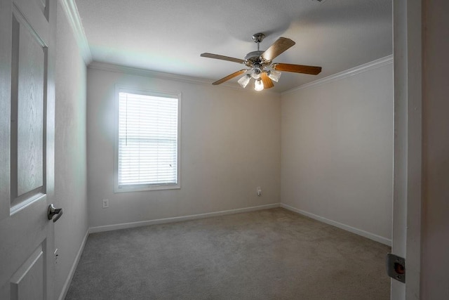 carpeted spare room featuring crown molding and ceiling fan