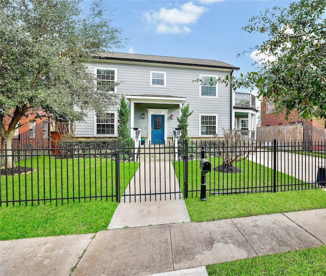 view of front facade with a balcony and a front lawn