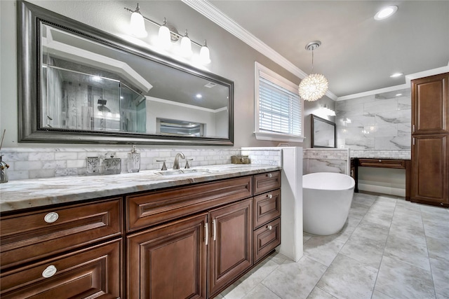 bathroom featuring shower with separate bathtub, a chandelier, tile walls, ornamental molding, and vanity