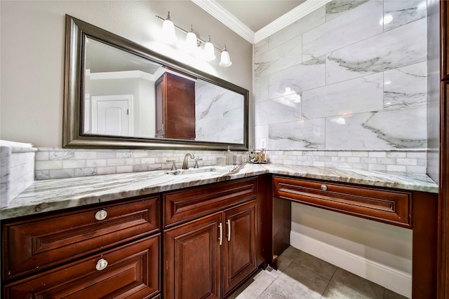 bathroom with crown molding, vanity, tile patterned flooring, and decorative backsplash