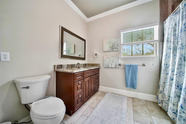 bathroom featuring vanity, tile patterned flooring, ornamental molding, and toilet