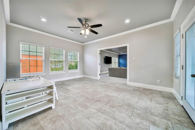 unfurnished living room featuring crown molding, light tile patterned flooring, and ceiling fan