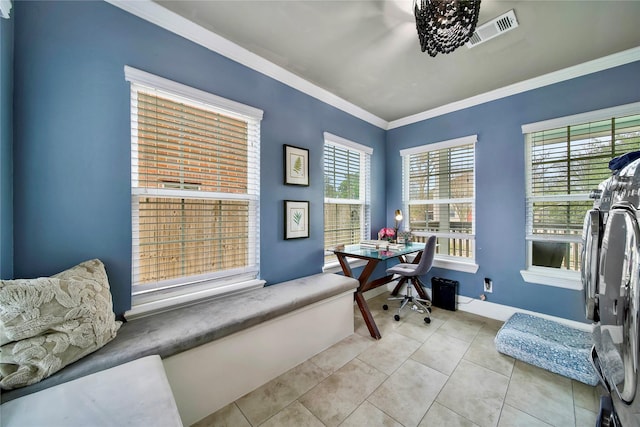 tiled office space featuring ornamental molding