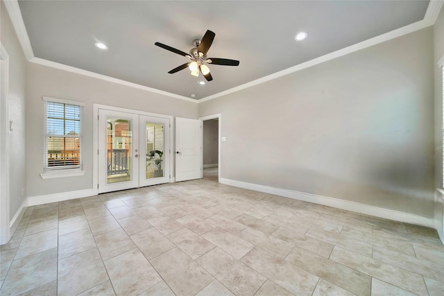 tiled spare room with ornamental molding, french doors, and ceiling fan