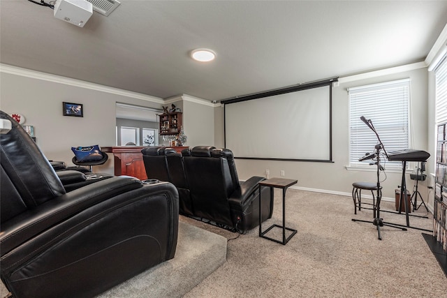 cinema room with crown molding and carpet floors