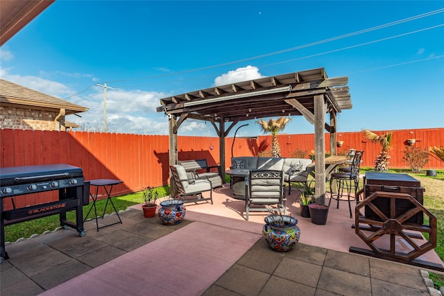 view of patio / terrace featuring area for grilling, a pergola, and outdoor lounge area