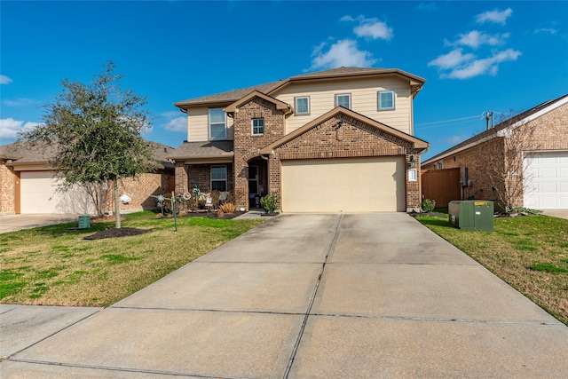 view of property with a garage and a front yard