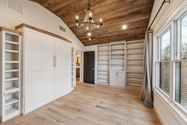 interior space with lofted ceiling, light wood-type flooring, wood ceiling, and built in shelves