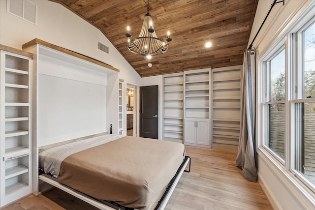 bedroom with an inviting chandelier, vaulted ceiling, wooden ceiling, and light wood-type flooring