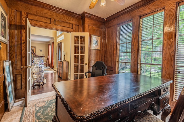 office space with ornamental molding, wooden walls, a wealth of natural light, and ceiling fan