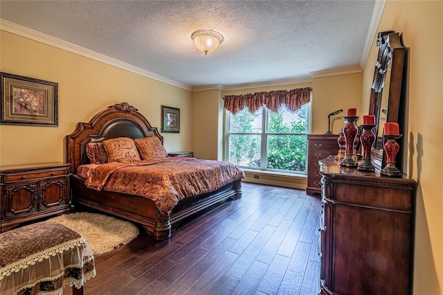 bedroom with crown molding, dark hardwood / wood-style floors, and a textured ceiling