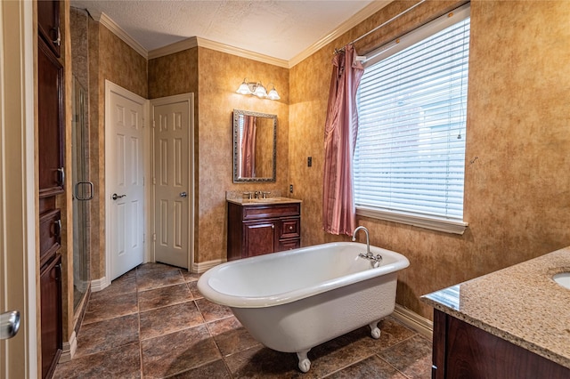 bathroom with vanity, separate shower and tub, a textured ceiling, and crown molding