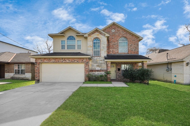 view of property with a garage and a front lawn