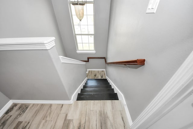 stairs with hardwood / wood-style floors