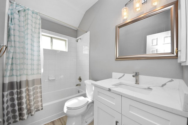 full bathroom featuring hardwood / wood-style flooring, vanity, toilet, and shower / tub combo