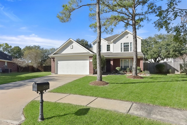 front facade featuring cooling unit, a garage, and a front lawn