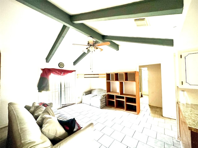 living room featuring ceiling fan and vaulted ceiling with beams