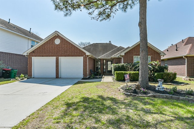 view of front of home featuring a garage, concrete driveway, brick siding, and a front lawn