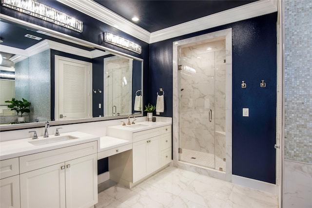 bathroom featuring crown molding, vanity, and a shower with shower door