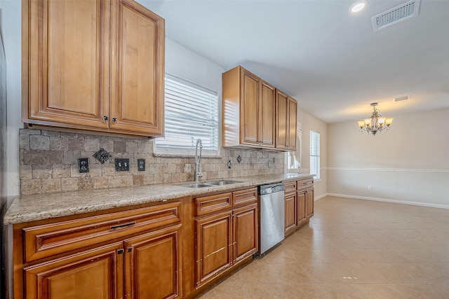 kitchen with pendant lighting, sink, backsplash, stainless steel dishwasher, and light tile patterned floors