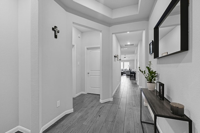 hallway featuring a tray ceiling