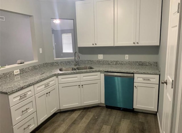 2606 Carson Dr, Katy, TX 77493 - kitchen featuring a sink, white cabinetry, dark wood-style floors, light stone countertops, and dishwasher