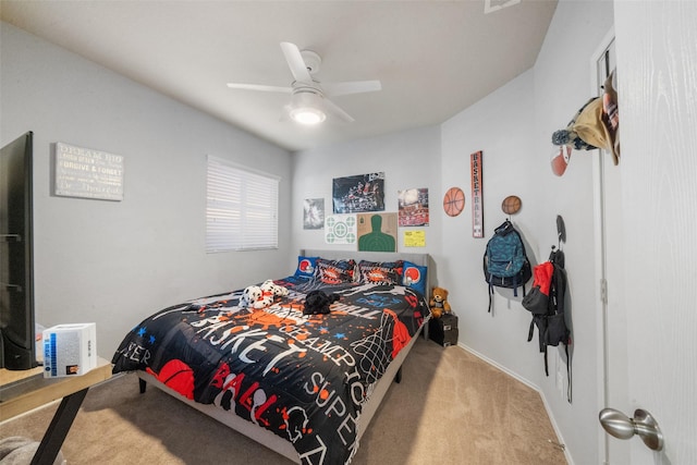 carpeted bedroom with ceiling fan