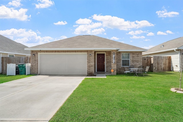 ranch-style home featuring a garage and a front lawn