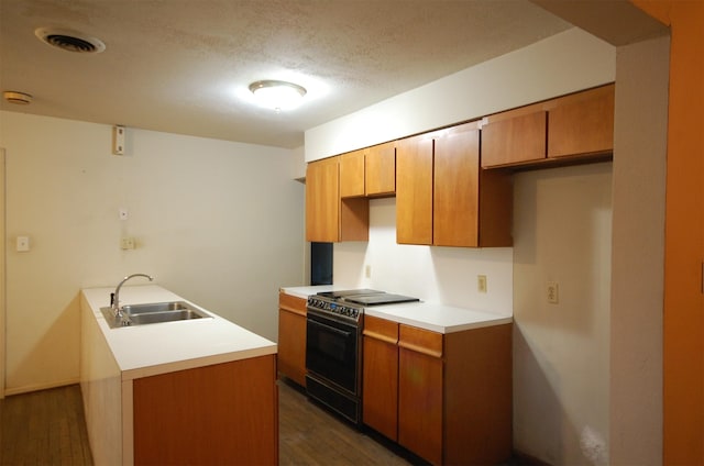 kitchen with range with electric cooktop, sink, dark wood-type flooring, and a textured ceiling