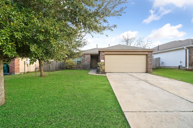 ranch-style house featuring a garage and a front lawn