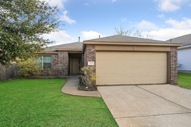 ranch-style house featuring a garage and a front lawn