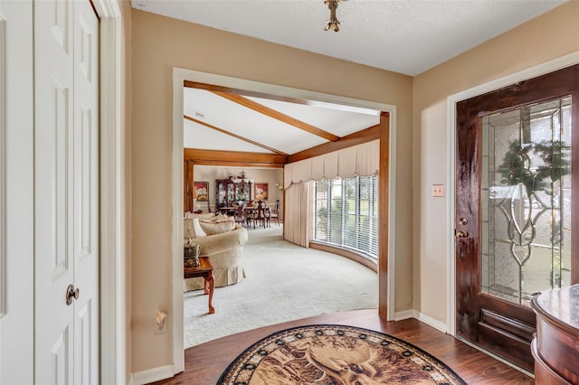 entryway with lofted ceiling, hardwood / wood-style floors, and a textured ceiling