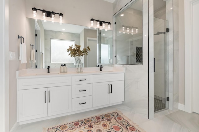 bathroom featuring vanity and walk in shower