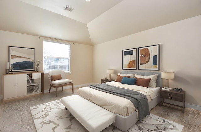 bedroom with vaulted ceiling and light colored carpet